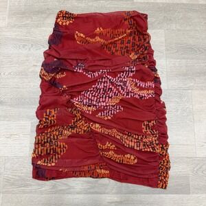 Farm Rio x Anthropologie Ruched Mesh Mini Skirt Red Abstract Print XXS